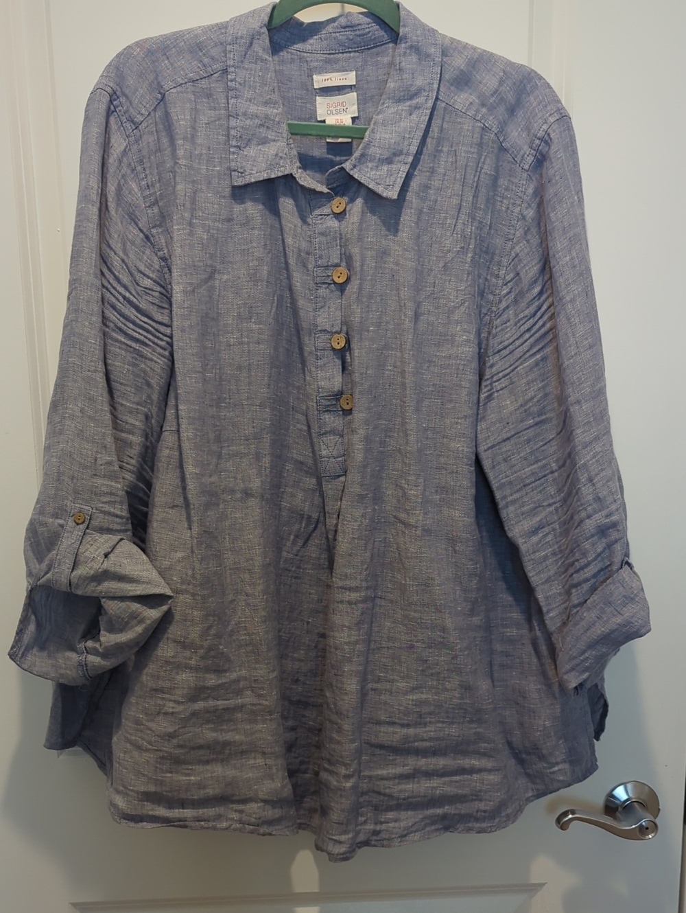 Sigrid Olsen Heathered Blue Linen Popover Shirt Size 3X